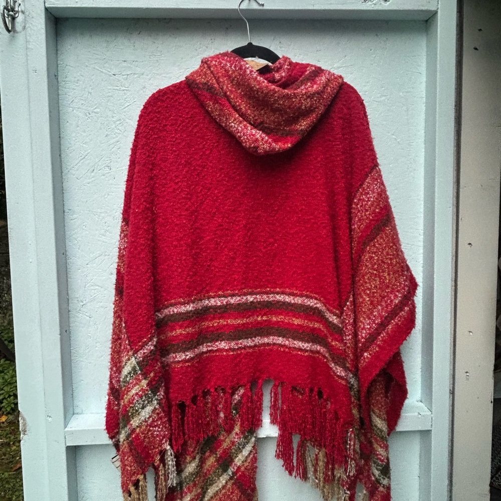 Simply Noelle Vibrant Red Hooded Poncho with Fringe